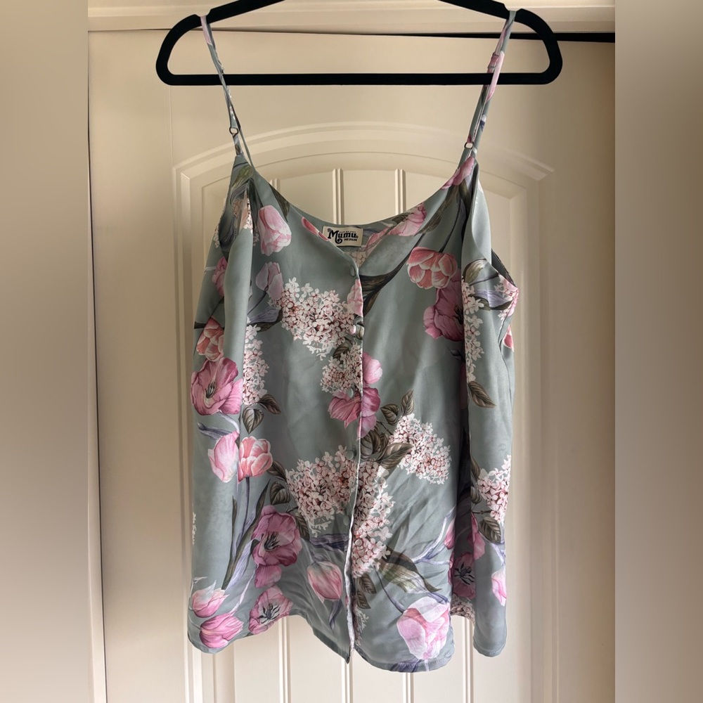 Show Me Your MuMu Sage Green Floral Button-Front Camisole with Pink Blooms